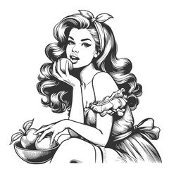 pin-up girl holding a fresh apple, adorned with a stylish bow and luxurious hair sketch engraving generative ai fictional character vector illustration. Scratch board imitation. Black and white image.