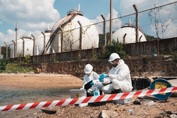 Scientists in protective suits conduct chemical and water quality analyses to monitor the factory's...