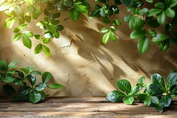 Sunlight filters through green leaves creating dancing shadows on a beige textured wall, invoking a...