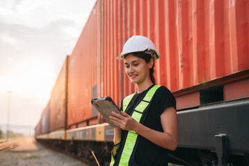 Fototapeta premium Supervisor inspecting inventory or task information on freight train cars and shipping containers. This pertains to logistics, including the import and export sectors.