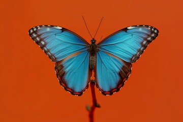 A vibrant, blue butterfly with its wings spread wide, perched on a small twig, set against a solid,...