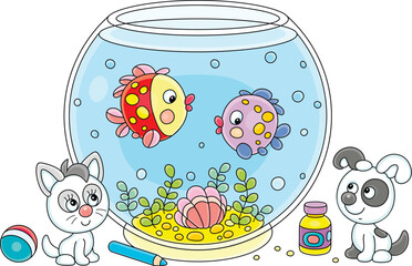 Funny little puppy and kitten resting after merry romp with a ball and watching colorful tropical fishes swimming in a round home aquarium with a sea shell and seaweeds, vector cartoon illustration