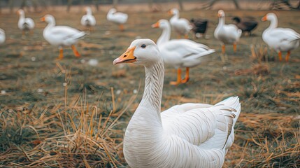 a flock of geese, their curious expressions and intricate plumage on full display against the backdrop of the rural landscape.
