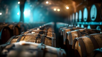 Craftsmanship tales told in the dimly lit cellar with vintage wooden barrels. Concept Craftsmanship, Cellar, Vintage, Wooden Barrels, Storytelling