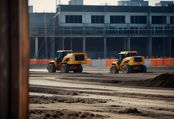 A construction site, with blurred workers and machinery in motion, blending into the industrial...