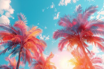 A duotone image with a whimsical take on palm trees set against a pastel turquoise and pink sky, promoting a feeling of calm