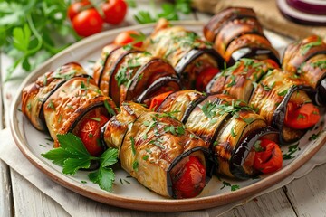 Rolled up eggplant stuffed with cheese and tomatoes in plate