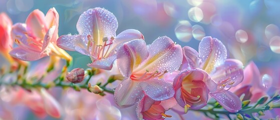   A tight shot of numerous pink blossoms, each bearing water droplets, against a backdrop of a clear, blue sky