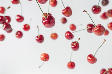 Ripe cherries flying in the air on white background