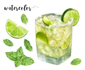 Watercolor painting of a mohito drink with Persian lime slices, mint leaves, and lemon