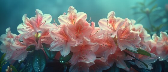   A cluster of pink flowers, dripping with water, against a backdrop of blue, green, and pink