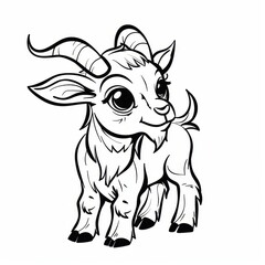   A black-and-white drawing of a baby goat with large horns, facing a white background