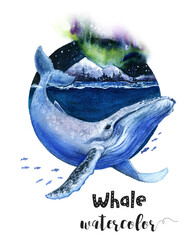 Illustration of humpback whale in electric blue ocean, liquid art