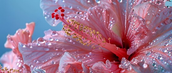   A close-up of a pink flower with water droplets on its petals and a blue sky in the background - Powered by Adobe