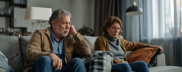 Pensive older couple in a modern home