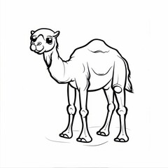   A black-and-white drawing of a camel, head turned, gazing directly at the camera