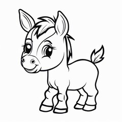  A black-and-white drawing of a baby horse beaming with a large smile, situated before a pristine white backdrop