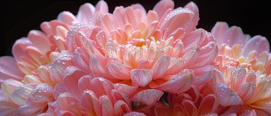   Close-up of a pink flower with dewdrops on its petals against a black backdrop