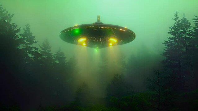 UFO, an alien saucer hovering above the field in the clouds, hovering motionless in the sky. Unidentified flying object, alien invasion, extraterrestrial life, space travel, spaceship. mixed media 4k