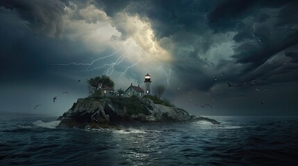 a lighthouse standing resilient on a remote island, illuminated by the stark contrast of lightning bolts during a thunderstorm.