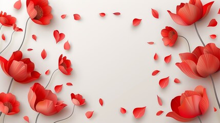   Red flowers in abundance against a pristine white backdrop Text space on the left side