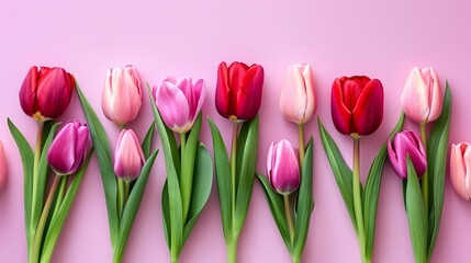   A pink background is adorned with a row of tulips, their petals a blend of pink and red Green stems flank the sides of the row