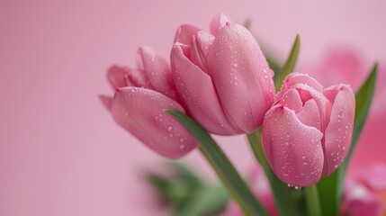   A pink backdrop features a bouquet of pink tulips with water beads, against a pink wall