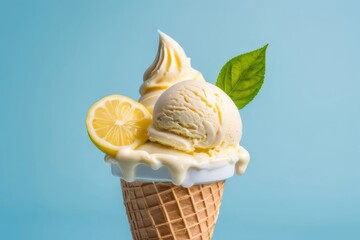 Lemon vanilla ice cream in a waffle cone. Creme brulee on a blue background. Summer concept of homemade dessert. Banner with copy space, place for text
