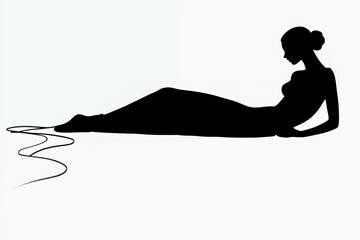 Minimalist line depiction of a woman lying on her side, one hand under her head, gazing forward.