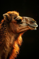   A tight shot of a giraffe's face against a black backdrop, revealing specks of dust emerging from its open mouth
