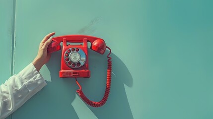 Clean and Simple: Red Telephone Receiver and Hand in Minimalistic Scene