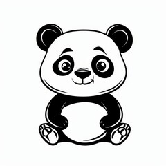   A black-and-white drawing of a panda bearing a big smile, seated on its haunches