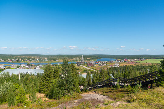 Panoramic view of the ancient fishing village of Varzuga on the Kola Peninsula in northern Russia