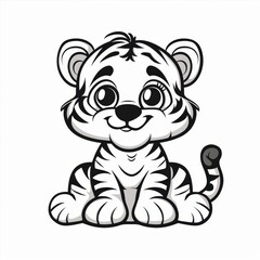   A charming tiger cub sits down, its big eyes gleaming and a smiling face depicted in black and white art Isolated against a pristine white backdrop