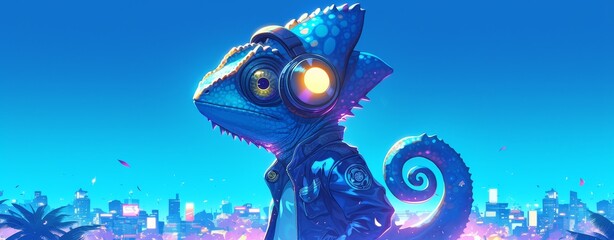 A colorful chameleon with headphones on against a dark blue background