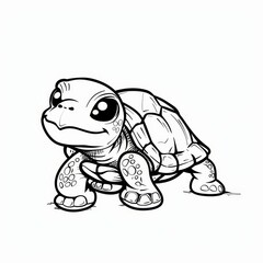   A black-and-white drawing of a turtle smiling widely, seated on the ground