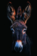   A donkey's face, tightly framed against a black backdrop, is illuminated by two fiery red orbs of light emanating from its eyes (3