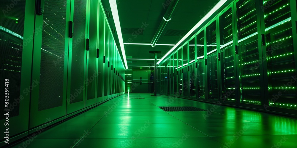 Poster high-tech data center with rows of glowing green and black server cabinets, illuminated by bright