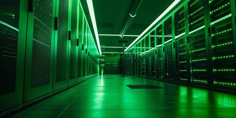 High-tech data center with rows of glowing green and black server cabinets, illuminated by bright 