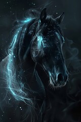   A tight shot of a horse's head against a black backdrop, surrounded by spiraling blue and white swirls