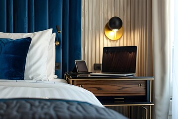 close up shot of the nightstand in an urban hotel room, featuring sleek wooden storage panels and blue velvet fabric