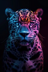   Close-up of a leopard's face against black backdrop, illuminated by red and blue lights from behind