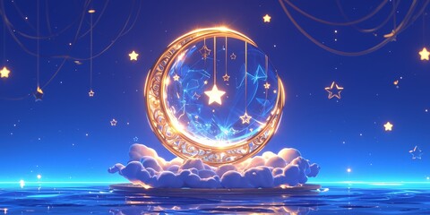 golden crescent moon and stars on clouds