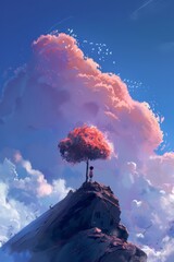   A man atop a mountain, beneath a solitary tree Pink cloud above, blue sky speckled with white