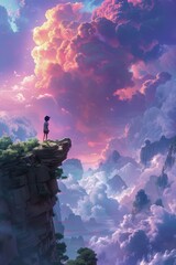   A person atop a cliff amidst cloudy skies, surrounded by pink and blue hues