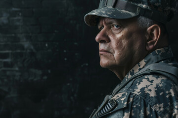 Steely gaze of a military man in camouflage, embodying resolve and discipline.