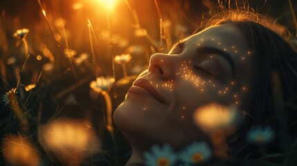   A woman with closed eyes basks in a sunlit dandelion field