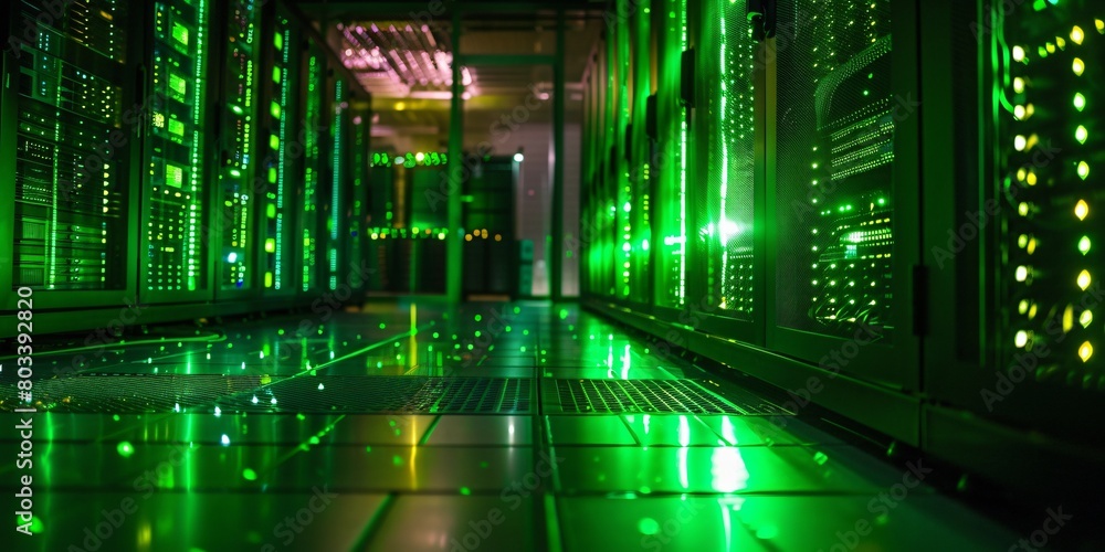 Poster high-tech data center with rows of glowing green and black server cabinets, illuminated by bright