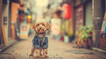 a Teddy dog dressed in dapper clothes and pants, complete with shoes, standing upright on a busy city street, posing proudly for a full-body photo from the front.
