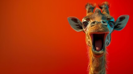   A close-up of a giraffe's face with its mouth agape - obrazy, fototapety, plakaty